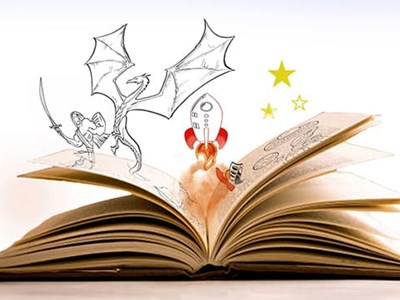 Illustration of book with mythical dragons and adventures coming out of the pages. 